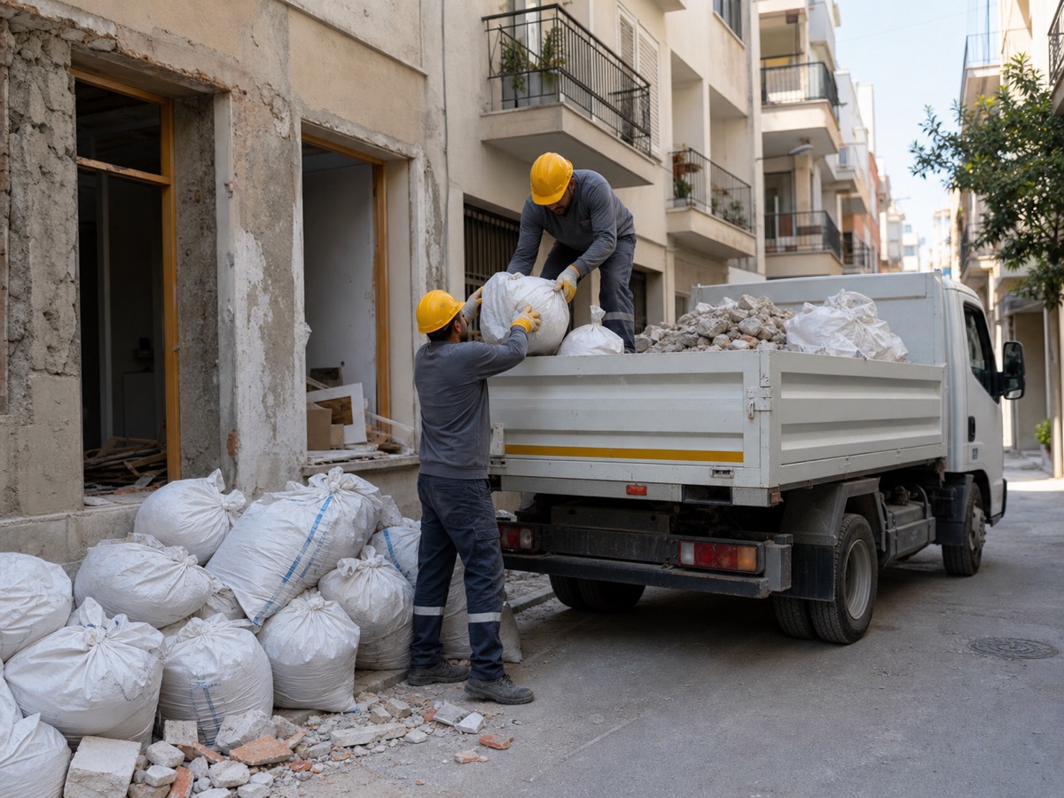 Tadilat molozlarını araca yükleyen ekip